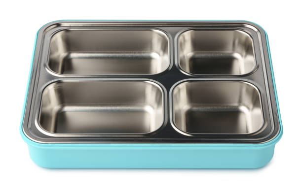 istock Empty lunch box with metal compartments isolated on white background. 1458700364