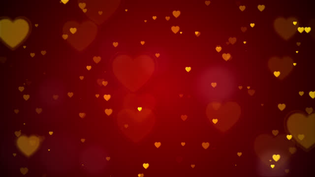 Loop video, Gold Hearts motion and bokeh for Valentine's day Greeting love video. 4K Romantic looped animation on dark red background for Valentine's day.