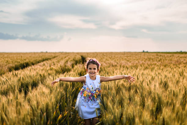 Happy little girl is pretending to be an airplane, while running through green wheat field.