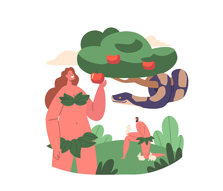 Biblical Story Of Adam and Eve Lapse From Virtue. Evil Serpent Deceive and Tempt Eve Into Eating Fruit From Forbidden Tree. Snake On Apple Tree and Adam in Paradise Garden. Cartoon Vector Illustration