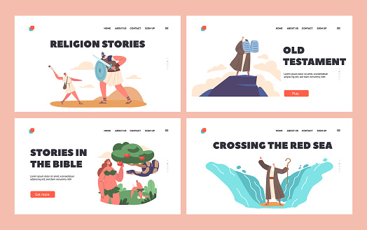 Bible Narratives and Stories Landing Page Template Set. Compositions With Legendary Characters Scenes of Eva and Snake, David And Goliath, Moses and Sea, God Tablets. Cartoon Vector Illustration