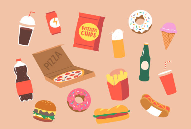illustrations, cliparts, dessins animés et icônes de ensemble de graisse nourriture malsaine. cola, frites, beignets et crème glacée, pizza, hamburger et français frites. hot-dog, bière, soda - cream ice symbol french fries