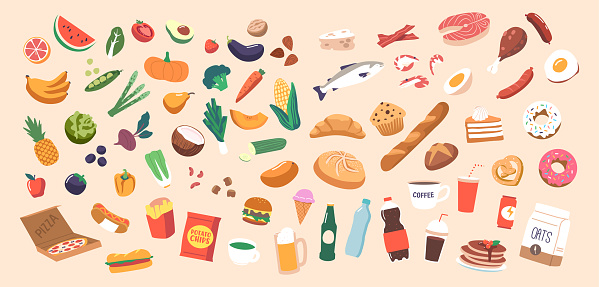 Set of Healthy and Unhealthy Products. Fast Food Burger, Cola and French Fries, Pizza or Alcohol. Vegetable and Fruits Avocado, Watermelon, Grapefruit and Greenery. Cartoon Vector Illustration