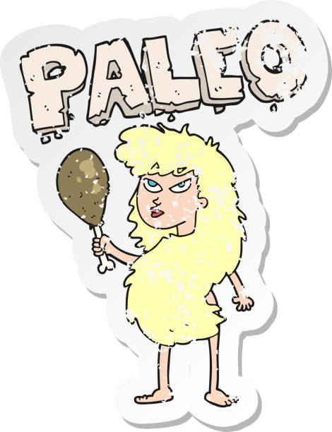 retro distressed aufkleber einer cartoon-frau auf paleo-diät - verrückte dame mit schwein stock-grafiken, -clipart, -cartoons und -symbole