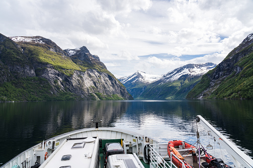 View over famous Geiranger fjord in norway from a ferry