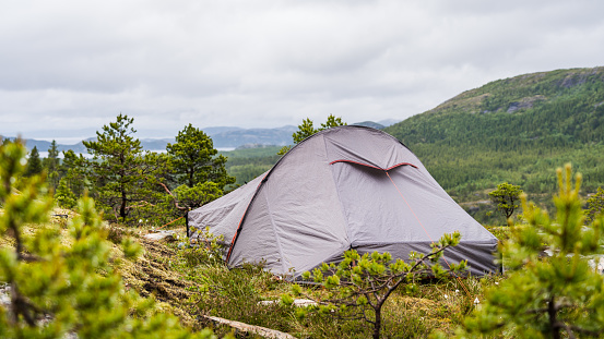 Tent surrounded by trees and mountains in the wild nature of Norway