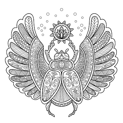 Stylized Scarab beetle. Hand drawn sketch black contour vector illustration. For adult antistress coloring page, print, design, decor, T-shirt, emblem, logo or tattoo ornate design elements.