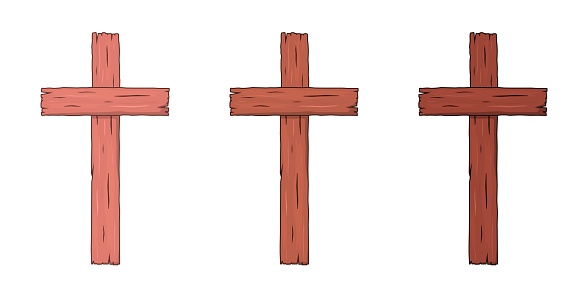 Set of wooden Christian crosses. Religious symbol of faith in Jesus Christ. Cartoon style. Vector illustration.