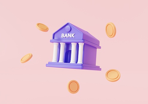 Bank building with coins on pink background. Online banking, bank transactions service, money-saving, bank finance, financial business. Money transaction or savings concept. 3d render illustration