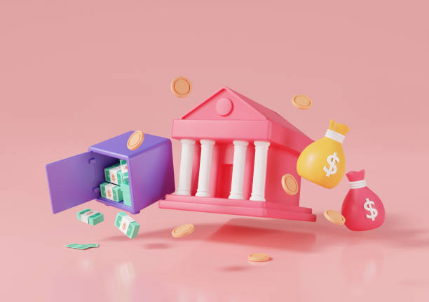 3d-minimal-render-illustration der bank mit safe, münze, banknote und taschengeld, das auf rosa hintergrund schwebt. online-banking, geldsparen, finanzgeschäft, banktransaktion. geldgeschäft - coin bank cash box safety deposit box lock stock-fotos und bilder