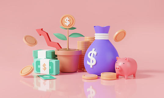 Money tree plant, coin stacks, bundle banknote, bag money, piggy bank and red growing graph. Saving money concept. business investment, money growth, financial growing. 3d minimal render illustration