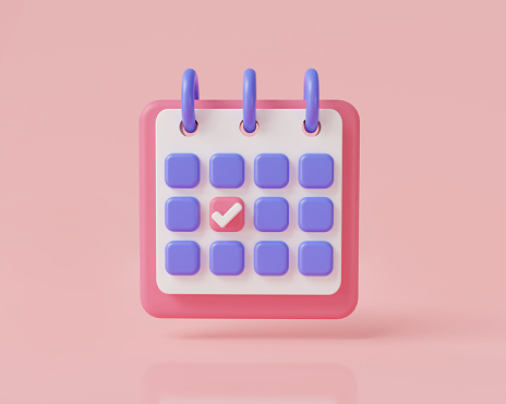 3d render illustration calendar icon on pink background. Calendar assignment icon. Meeting reminder planner, holiday, reminder, Scheduled, event, date, note. Planning concept. Cartoon minimal style