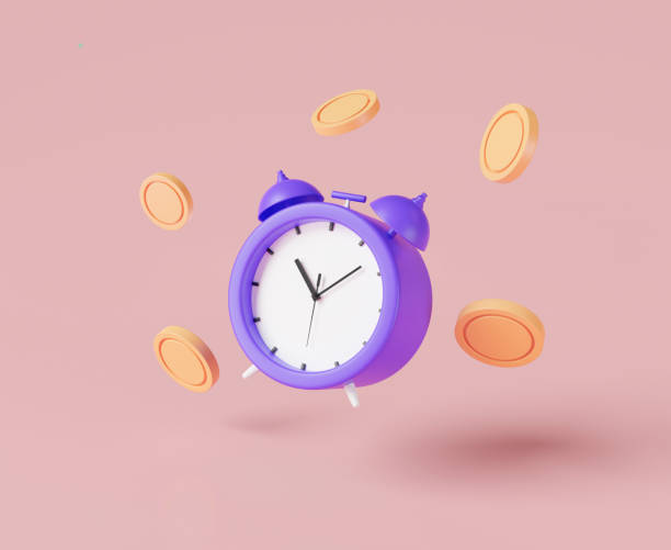 Alarm clock and gold coins. Time is money concept, tax time reminder, money investment, fast money, financial savings, quick Loan, money time. 3d rendering illustration. cartoon minimal despertador y monedas de oro. el tiempo es concepto de dinero, recordatorio de tiempo de impuestos, inversión de dinero, dinero rápido, ahorros financieros, préstamo rápido, tiempo de dinero. ilustración de renderizado 3d. dibujos animados mínimos