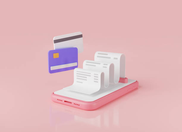 Online payment with bill and credit card is on mobile phone. Money online. online shopping, Pay bills, Money transfer. Bill payment, online cashback, payment transaction. 3d rendering illustration el pago en línea con factura y tarjeta de crédito es en el teléfono móvil. dinero en línea. compras en línea, pagar facturas, transferencia de dinero. pago de facturas, devolución de dinero en línea, transacción de pago. ilustración de renderizad