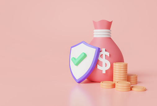 Money security concept. Protection shield icon with coins, money bag. money saving, money protection, financial saving insurance. Cash secured investment. 3d render illustration. Cartoon minimal