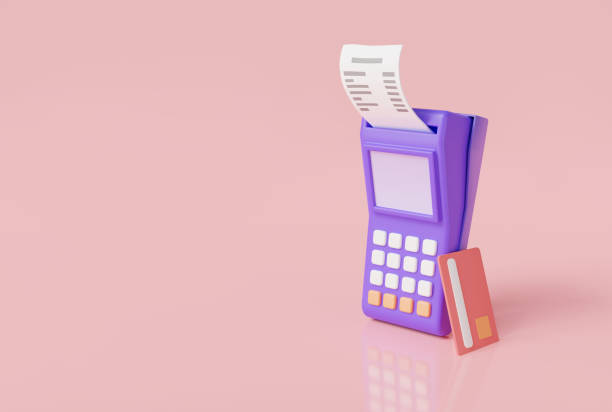 Pos terminal with receipt and credit card. Pos terminal payment concept. online shopping, electronic bill payment, Money transactions online, Credit card reader. 3d icon rendering illustration terminal tpv con recibo y tarjeta de crédito. concepto de pago de terminal de pos. compras en línea, pago electrónico de facturas, transacciones de dinero en línea, lector de tarjetas de crédito. ilustración de representación de iconos 3d