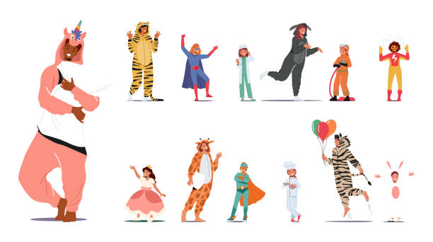 ilustrações, clipart, desenhos animados e ícones de conjunto de pessoas em trajes de carnaval. personagens masculinos e femininos, crianças e adultos usam pijama kigurumi animal - carnival vector male doctor vector illustration