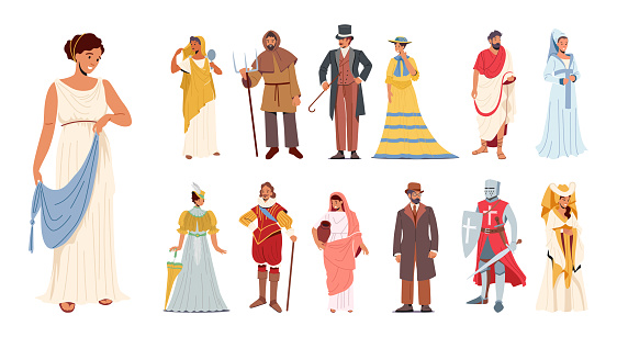Set of People in Historical Costumes. Male and Female Characters Wear Ancient Greek, Victorian Era, Middle Ages Lady and Knight Suits. Actors and Actresses, Cosplay Event. Cartoon Vector Illustration