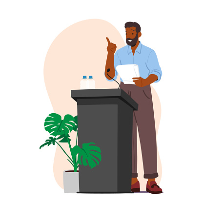 African Speaker Male Character Reporting or Announcing on Rostrum during Press Conference, Debates or Briefing. Black Politician Man Speaking to Audience on Tribune. Cartoon Vector Illustration