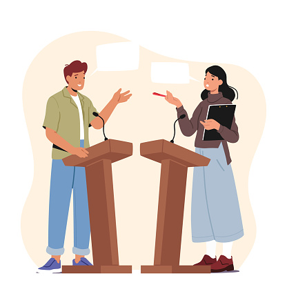 Male Female Politician Characters Debate On Rostrum for Gender Equality. Debate Before Vote Concept with Leaders Of Opposing Political Parties Talking On Public Debates. Cartoon Vector Illustration