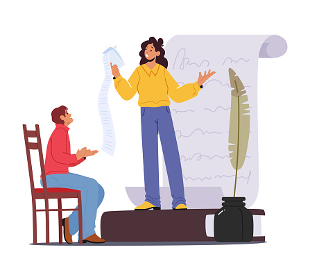 Poet Girl Reading Poem to Listener. Inspired Creative Female Character Presenting Poetries on Event for Artists in Room with Paper Scroll, Feather Pen and Inkwell. Cartoon People Vector Illustration