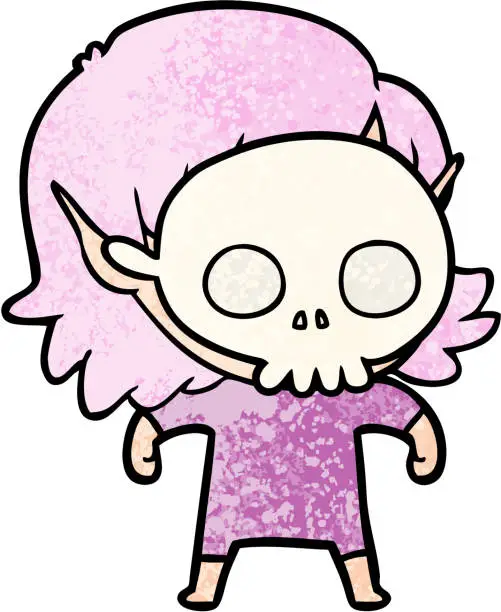 Vector illustration of happy cartoon elf girl wearing skull mask