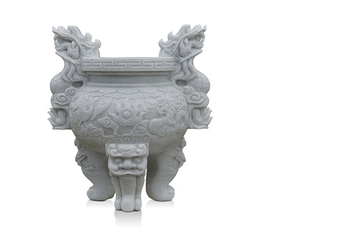 front view antique white marble three pin incense burner on isolated background, object, religion, ancient, banner, template, copy space