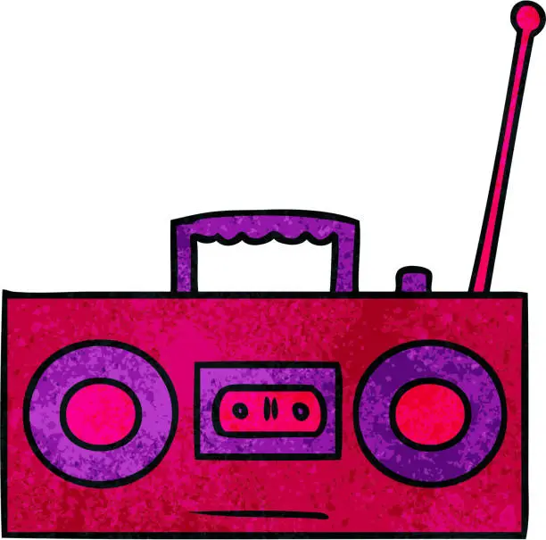 Vector illustration of hand drawn textured cartoon doodle of a retro cassette player