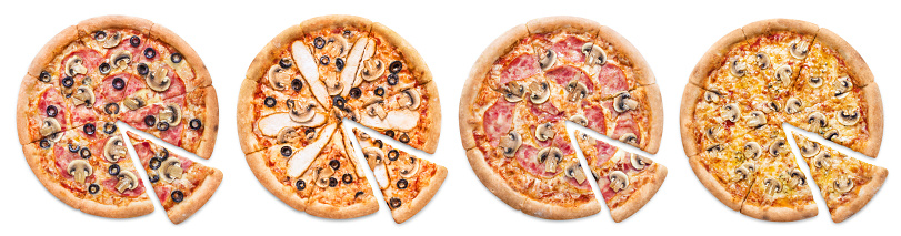 Collection of pizzas with mushrooms, isolated on white background
