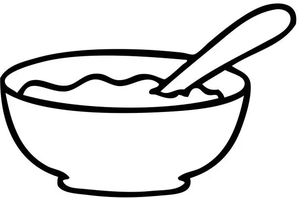 Vector illustration of line drawing quirky cartoon bowl of porridge