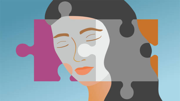 Banner with woman with closed eyes with puzzle, jigsaw pieces. Dimension 16:9. Vector illustration. Complexity of mental health or sorrow, sadness and depression. Woman with puzzle, jigsaw pieces over her face. hopelessness stock illustrations
