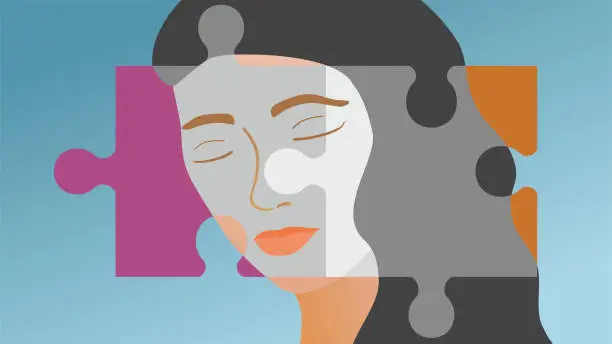 Vector illustration of Banner with  woman with closed eyes with puzzle, jigsaw pieces. Dimension 16:9. Vector illustration.
