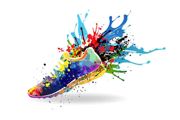 Vector illustration of Sport shoes with colorful paint splashes. Concept of marathon or jogging or run festival