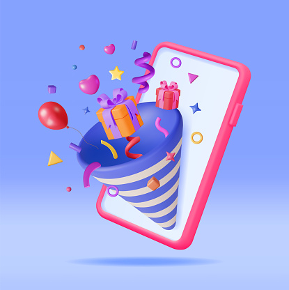 3D Party Popper with Confetti on Mobile Phone. Render Plasticine Confetti on Smartphone. Colorful Firecracker Elements in Various Shapes. Party Holyday Surprise or Birthday Events. Vector Illustration