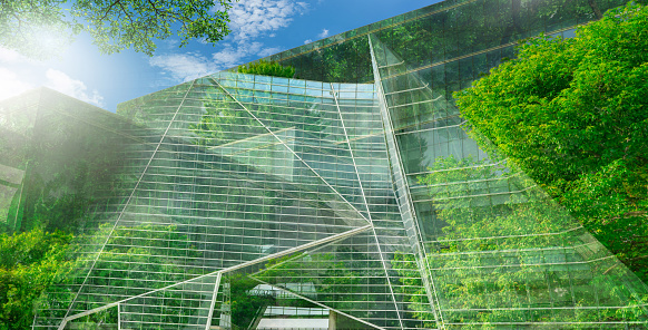 Construcción ecológica sostenible. Edificio ecológico. Edificio de oficinas de vidrio sostenible con árbol para reducir el dióxido de carbono. Oficina con entorno verde. Los edificios corporativos reducen el CO2. Vidrio de seguridad. photo