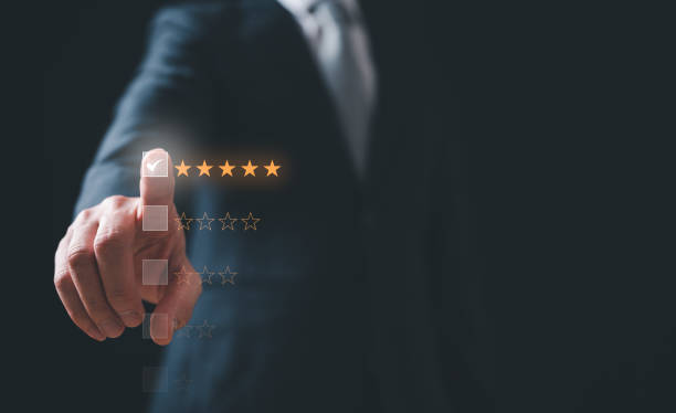 feedback and Customer service satisfaction survey concept.Businessman, customers show satisfaction by pressing tick mark on five star bar in satisfaction on virtual touch screen. eedback and Customer service satisfaction survey concept.Businessman, customers show satisfaction by pressing tick mark on five star bar in satisfaction on virtual touch screen. performance assessment stock pictures, royalty-free photos & images