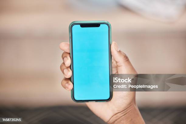 Green Screen Phone And Mockup In Hand Of Man Showing Marketing Logo Contact Us Or Brand On Smartphone With Ux Ui Advertising Design Blue Screen 5g Smartphone For Communication And Networking Space Stock Photo - Download Image Now