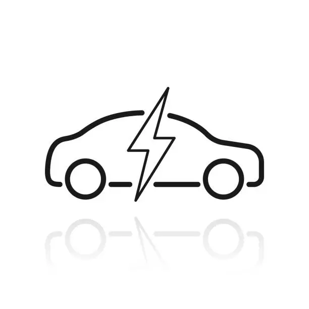 Vector illustration of Electric car in charge. Icon with reflection on white background