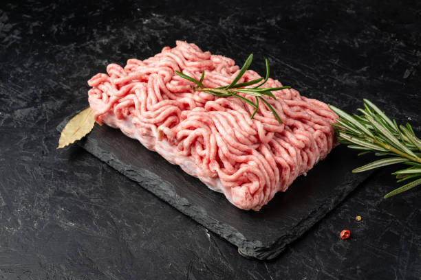 istock Minced pork and beef with spices, dark background. 1458723654