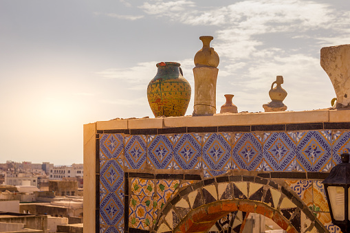 Vases in a traditional rooftop in Tunis, Tunisia