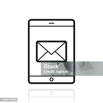 istock Tablet PC with email message. Icon with reflection on white background 1458723913