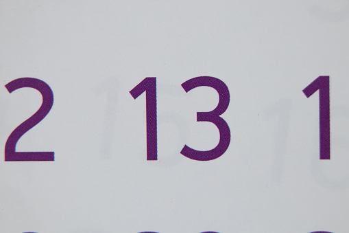 13 on white paper as background, calendar macro photo