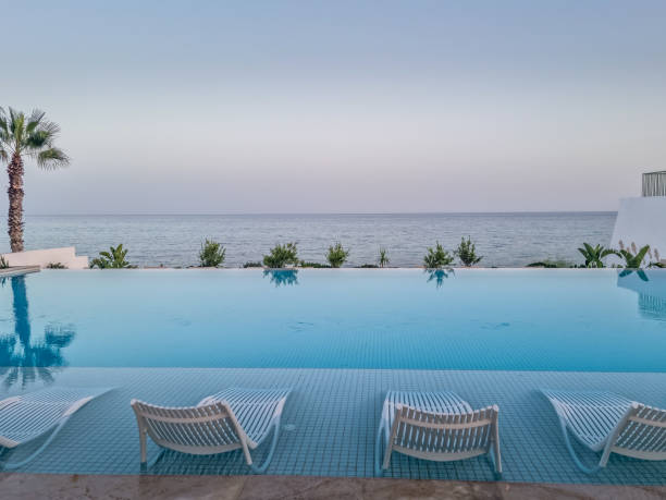 Tropical empty pool view with white beach chairs. Social distancing, cancellation of vacation, crisis of tourism business concept during lockdown, quarantine because of coronavirus, covid-19.
