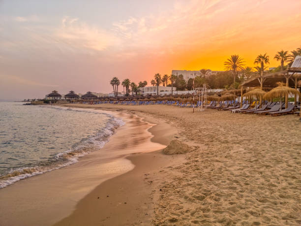 paesaggio in una spiaggia in hammamet, tunisia - nobody africa summer tourist resort foto e immagini stock