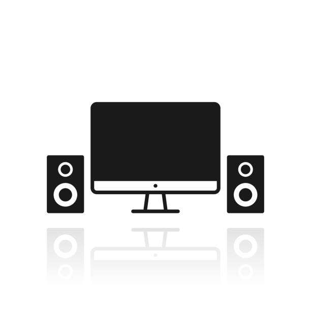 illustrazioni stock, clip art, cartoni animati e icone di tendenza di computer desktop con altoparlanti. icona con riflesso su sfondo bianco - sound computer reflection studio