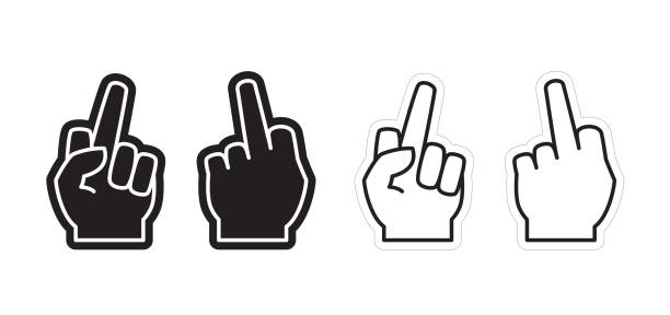 Middle Finger Foam Hand Template, Set of Icons, Design Template Middle Finger Insulting Gesture, Black and White Color, Vector EPS Template Isolated On White Background obscene gesture stock illustrations
