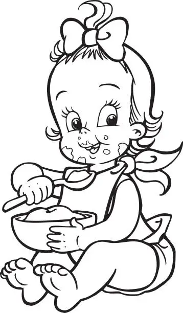 Vector illustration of Girl with a bowl of porridge.