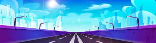 Vector illustration of Movement concept, fast driving in cartoon style. Asphalt road with a fence against the backdrop of skyscrapers on a sunny day.