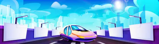 Vector illustration of Movement concept, fast driving in cartoon style. Asphalt road with sports racing car and advertising banners with space for text against the backdrop of skyscrapers on a sunny day.