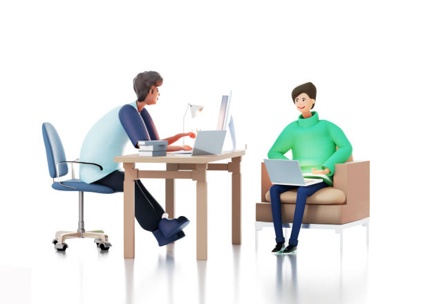 istock IT specialist working with laptop and discussing the problem with his college. 3D rendering illustration 1458734960